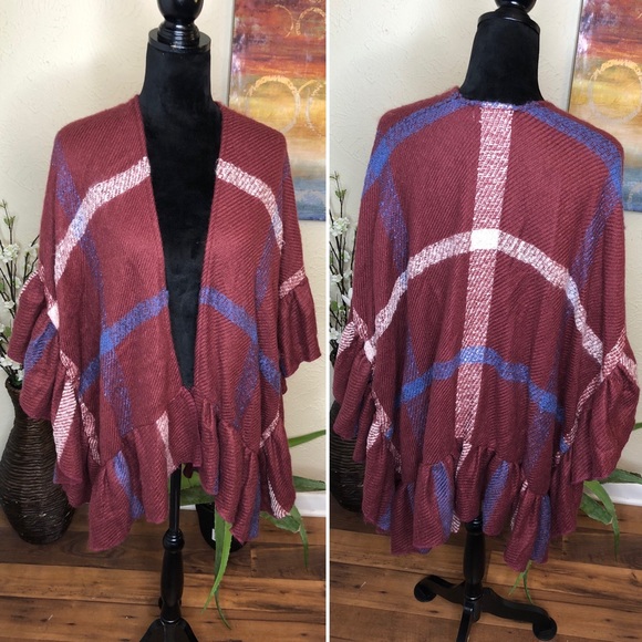 Francesca Robin Ruffle Hem Ruana Plaid Burgundy Blue White Wrap - Picture 2 of 7